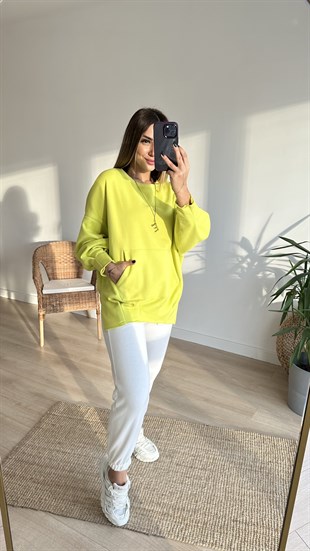 Pileli Yanları Yırtmaçlı Yeşil Sweat