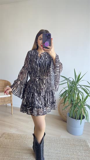 Zebra Desen Astarlı Şifon Elbise
