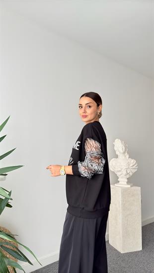 Fironi Kollar Organze Yazılı Siyah Sweat