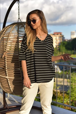 Çizgili Siyah Basic Tshirt