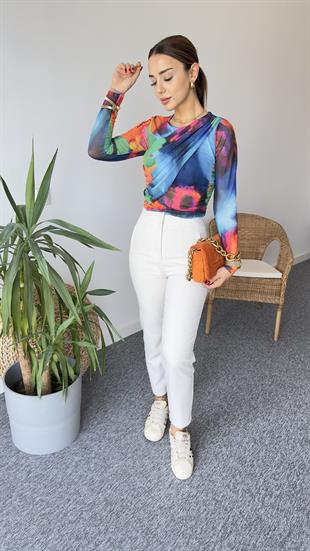 Yandan Büzgü Renkli Crop Bluz