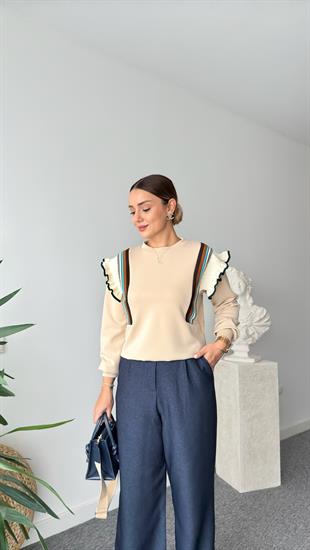 Triko Fırfır Detaylı Bej Modal Sweat