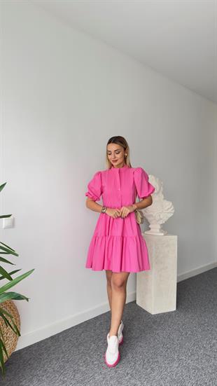 Hakim Yaka Volanlı Pembe Elbise 