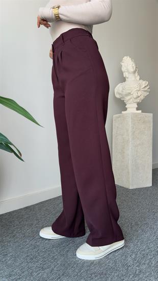 Bordo Gold Düğme Bel Lastikli Pantolon