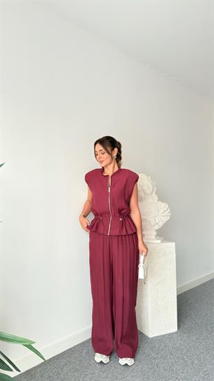 Bordo Rafto Taş Detaylı Yelek Pantolon Takım