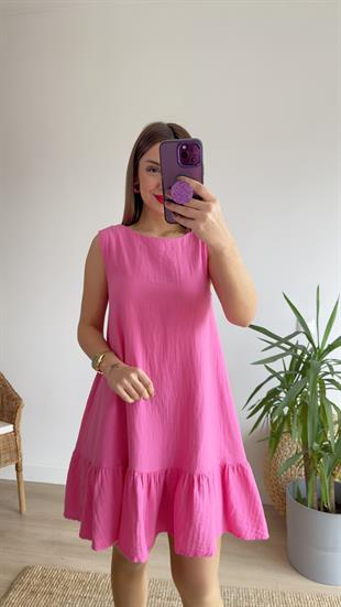Eteği Fırfırlı Pembe Keten Elbise 