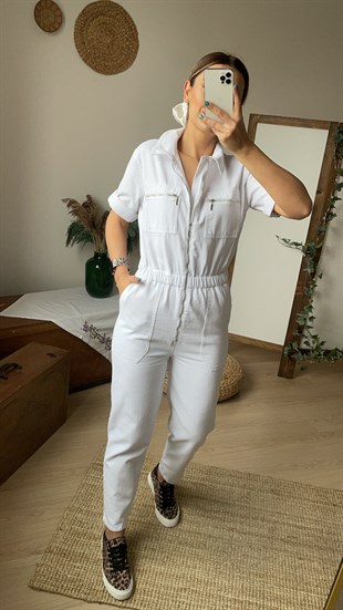 Beli Lastikli Beyaz Kot Tulum