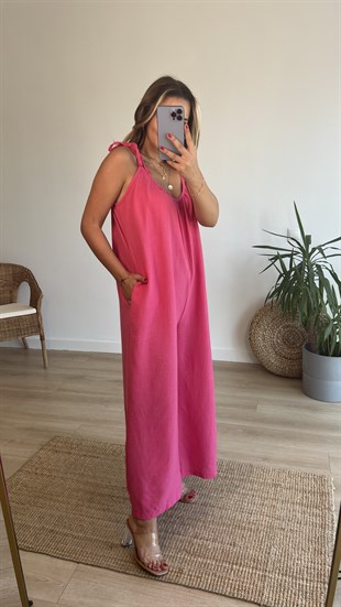 Ayarlanabilir Askılı Pembe Bol Keten Tulum