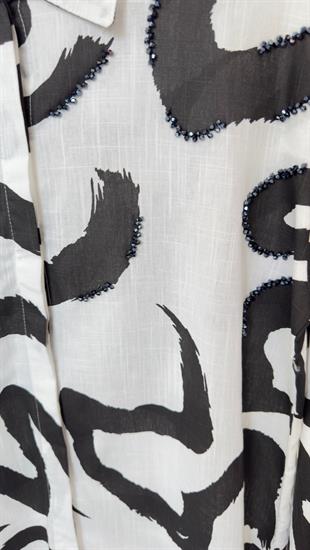 Taş Detaylı Siyah Desen Keten Gömlek