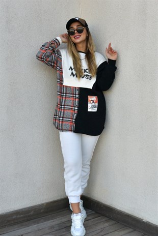 Ekose Detaylı Mickey Mouse Siyah Sweat	