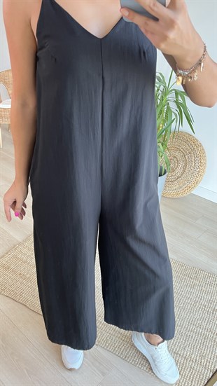 Askılı Siyah Poplin Tulum