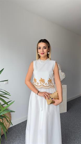 Beyaz Beli Lastikli Kloş Etek