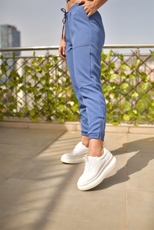 Paça Fermuar Detaylı Mavi Jogger Pantolon