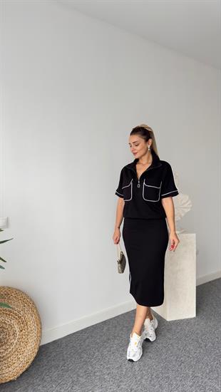 Biyeli Fermuar Cep Detay Siyah Takım