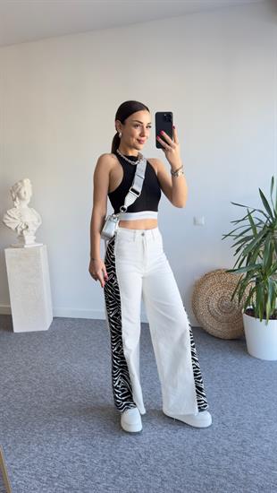 Zebra Şerit Detaylı Beyaz Jean