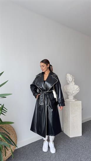 Beyaz Biyeli Premıum Deri Trençkot