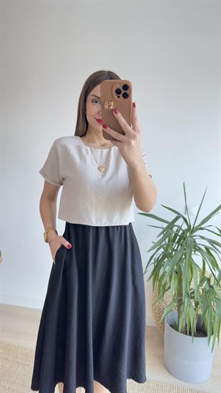 Bej Bluz Detaylı İkili Elbise 