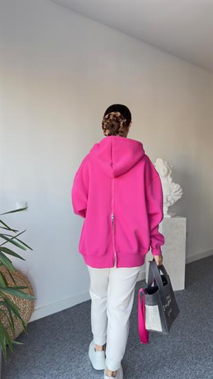 Sırt Fermuarlı Kapüşonlu Pembe Sweatshirt