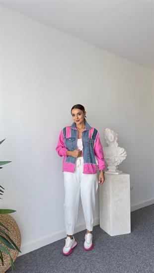 Lucas Pembe Şeritli Denim Mix Ceket