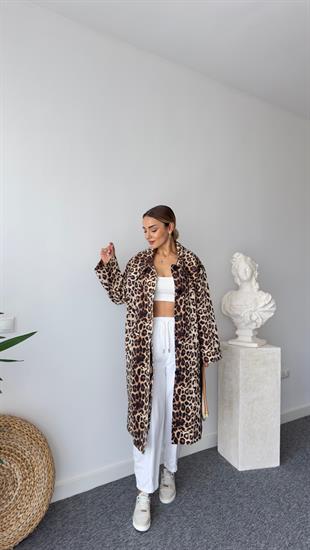 Önden Cepli Leopar Desenli Trençkot
