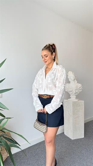 Nueava Nakışlı Ekru Gömlek