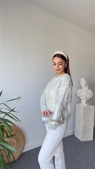 Örgü Desen Varaklı Gümüş Kazak