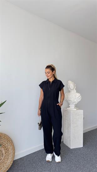 Selvie Siyah Önden Fermuarlı Siyah Tulum