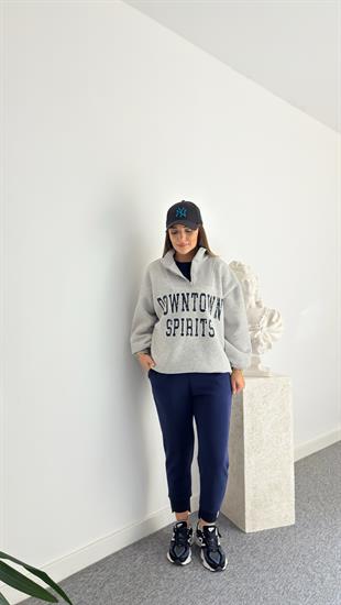 Çift Parçalı Yazı Detaylı Gri Sweatshirt