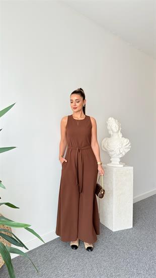 Kahve Carta Kuşaklı Bol Paça Tulum