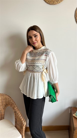 Dokuma Detaylı Yanları Bağcıklı Bluz