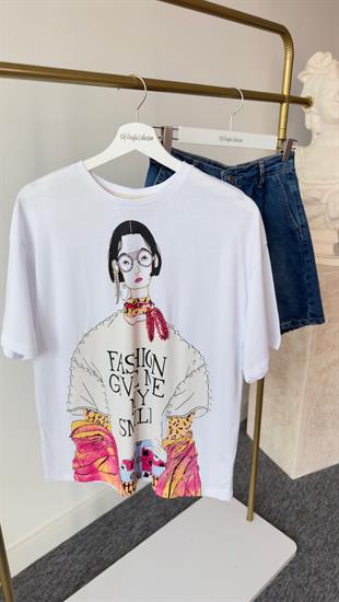 Taşlı Kız Baskılı Salaş Tshirt