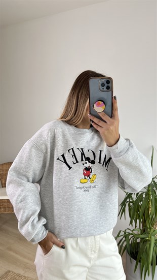 Mickey İşlemeli Gri Sweatshirt