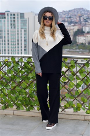Üç Renk Gri Detaylı Triko Takım