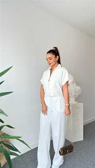 Beyaz Fermuarlı Zra Model Ceket Takım
