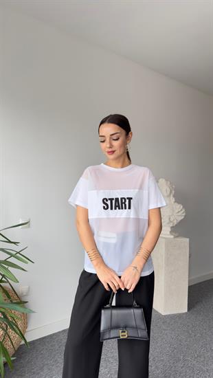 Start Yazı Detay Beyaz Tül Tshirt