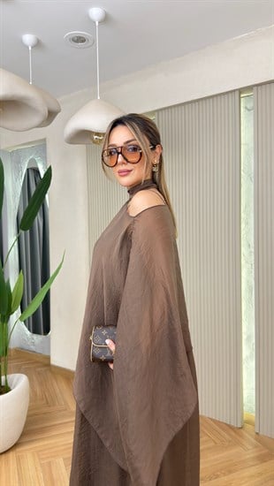 Kahve Linnes Bluz Detaylı Astarlı Elbise 