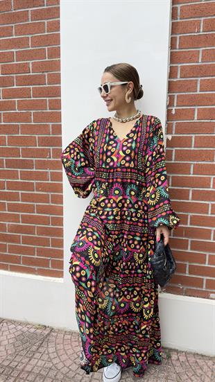 Nicol Renkli Geometrik Desen Maxi Elbise