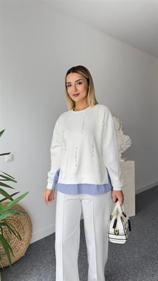 İnci Detaylı Gömlek Garni Beyaz Modal Sweat