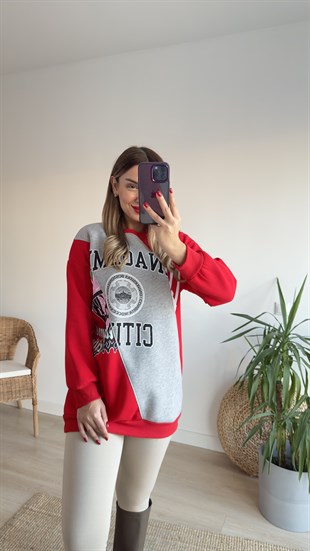 Çift Renk Baskılı Kırmızı Sweat	