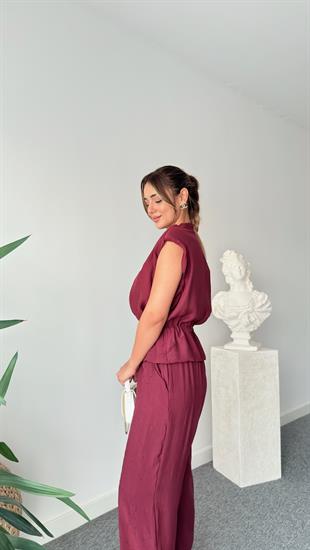 Bordo Rafto Taş Detaylı Yelek Pantolon Takım