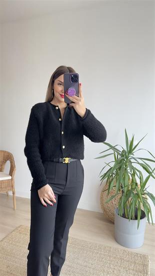 Gold Düğme Siyah Teddy Hırka