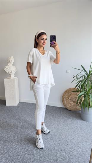 V Yaka Arkası Poplin Beyaz Tshirt