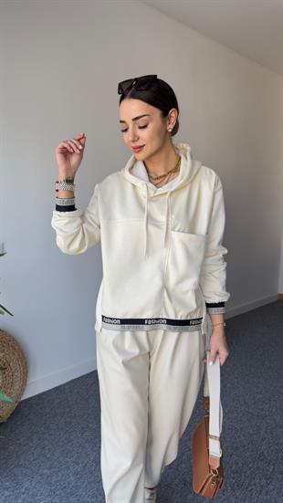 Yazı Ve Deri Detaylı Bej Sweat