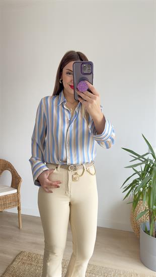 Zra Model Mavi Bej Saten Gömlek