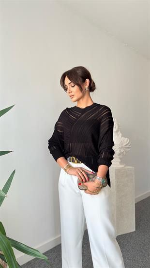Siyah V Yaka Asimetrik Transparan Triko Kazak