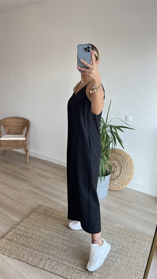 Askılı Siyah Poplin Tulum