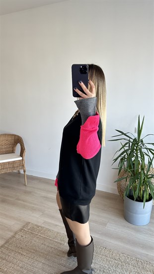 Kolları Triko Detaylı Siyah Sweatshirt