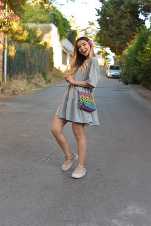 Gri Volanlı Elbise