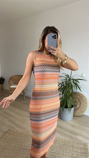 Astarlı Renkli Örme Elbise