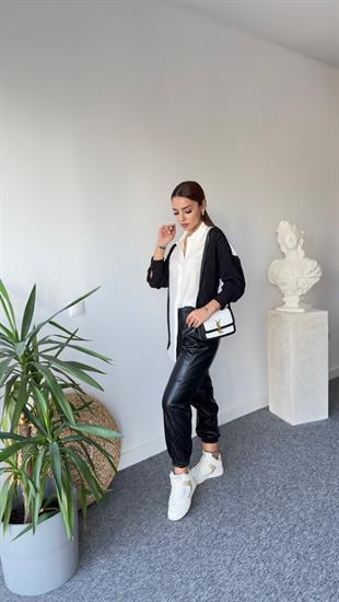 Bel Lastikli Tw Model Siyah Deri Pantolon